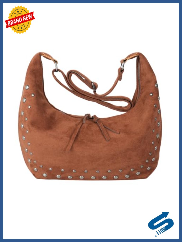 Studded Faux Suede Hobo Bag With Adjustable Strap, Spacious Tote Purse